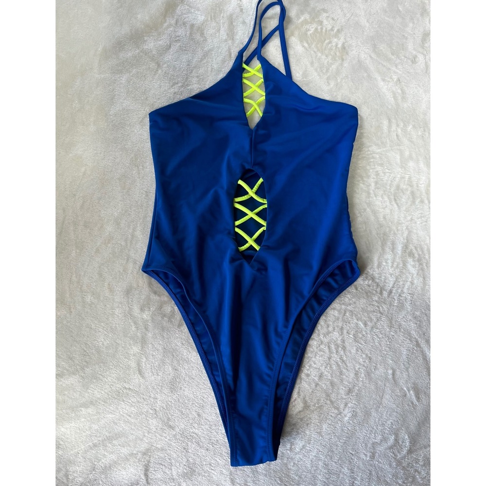Icon Swim Womens Blue Neon Yellow Lace Up Cutout One Piece Swimsuit Size S